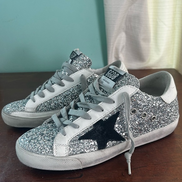 Golden Goose Silver Glitter Sneakers with Black Star - Picture 5 of 16